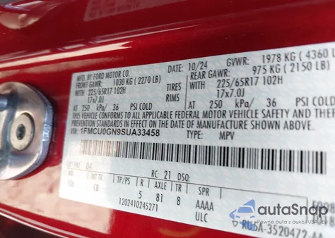 2025 Ford Escape Active z USA, uszkodzony, nr VIN 1FMCU0GN9SUA33458